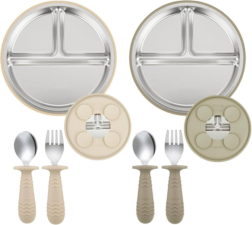 PandaEar 2 Pack Stainless Steel Baby Suction Plates & 2 Pack Spoons and Forks Set, Toddler Utensi... | Amazon (US)