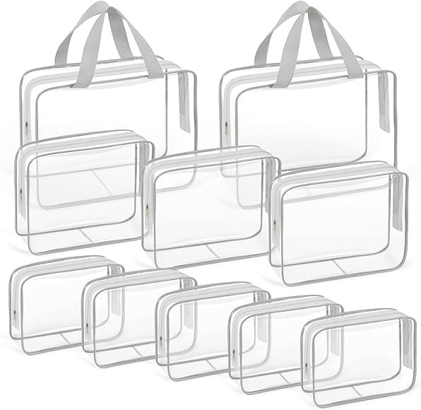 10 PCS Clear Travel Makeup Toiletry Bag, Plastic PVC Cosmetic TSA Approved Organizer Kit with Zip... | Amazon (US)