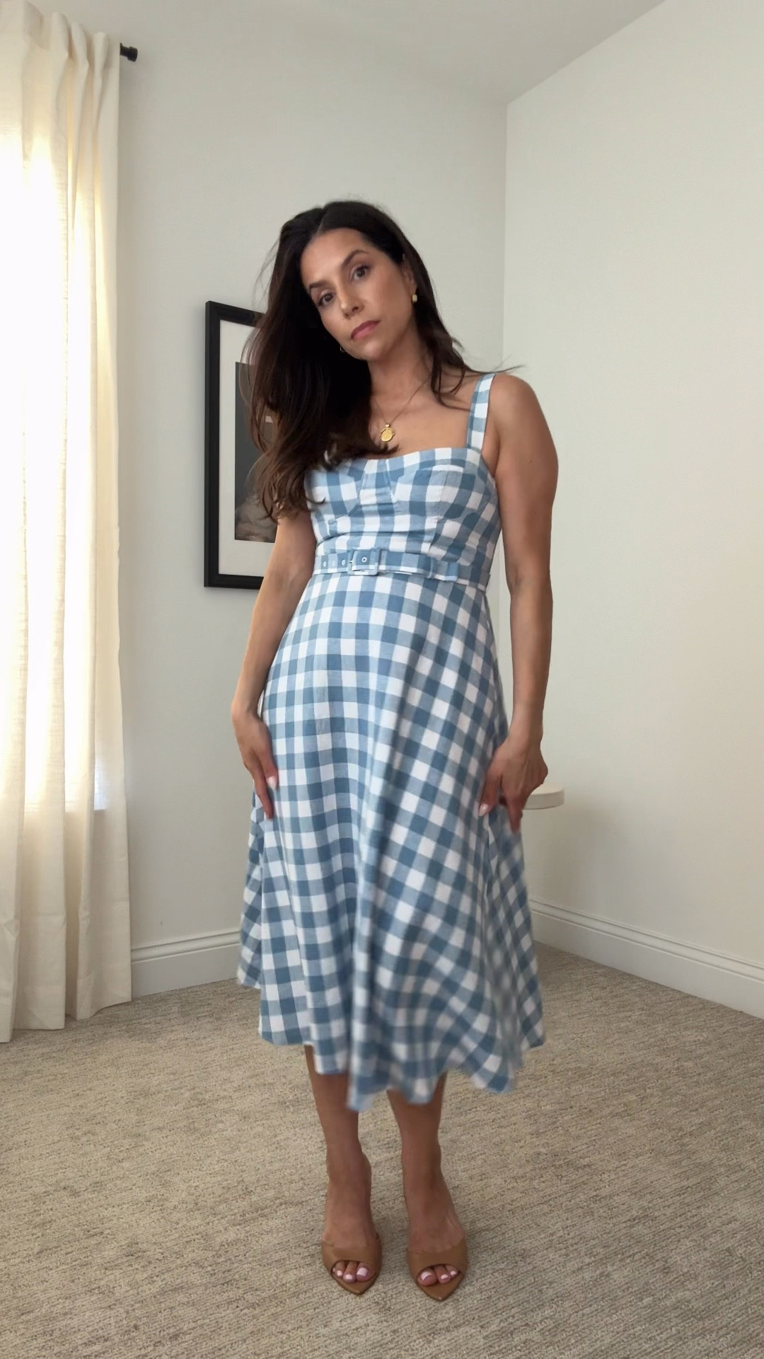 Loving this blue gingham dress. Now 30% off. Wearing petite 2 in dress. 