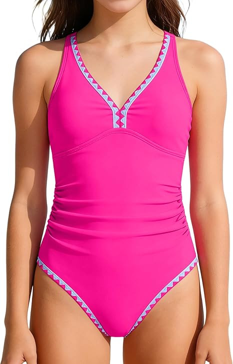 oklady Girl Swimsuit One Piece Bathing Suit Contrast Trim Adjustable Straps Swimwear Ruffle Teen ... | Amazon (US)