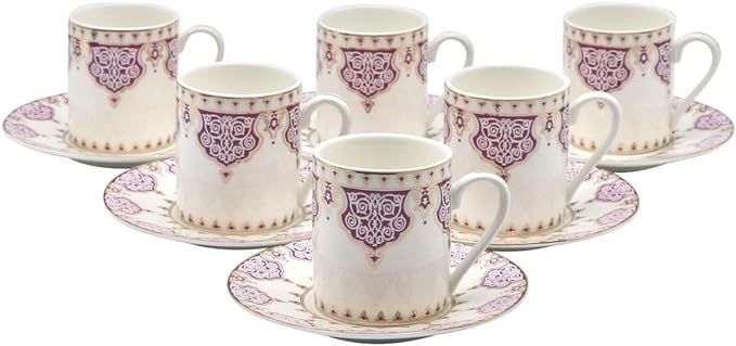 Porcelain Bone China Espresso Turkish Coffee Demitasse Set of 6 Arabesque Pattern Cups + Saucers ... | Amazon (US)
