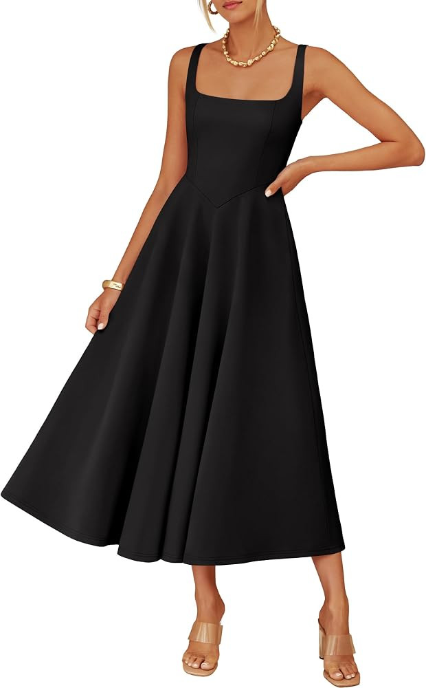 ZESICA Women‘s 2026 Summer Sleeveless Midi Dress Square Neck Flowy A Line Casual Beach Vacation... | Amazon (US)