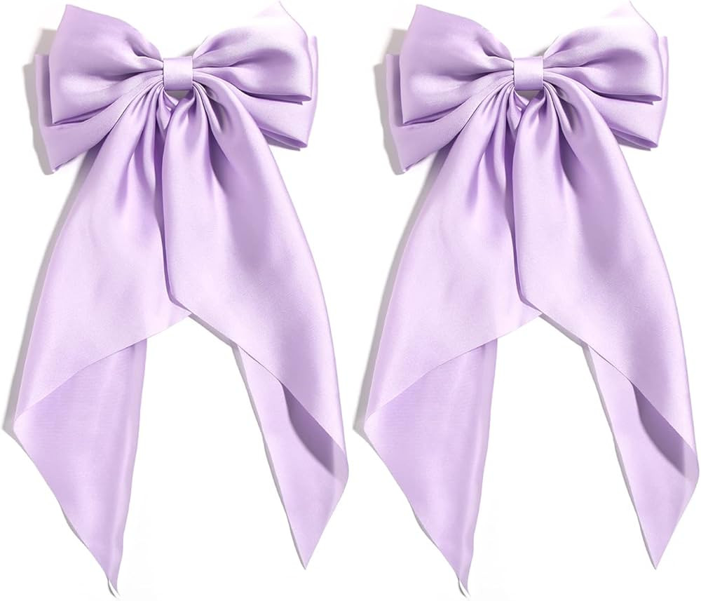 Furling Pompoms Hair Bows for Women, 2 Pack Large Satin Silky Bow Clips Lilac Ribbon Long Tail Fr... | Amazon (US)