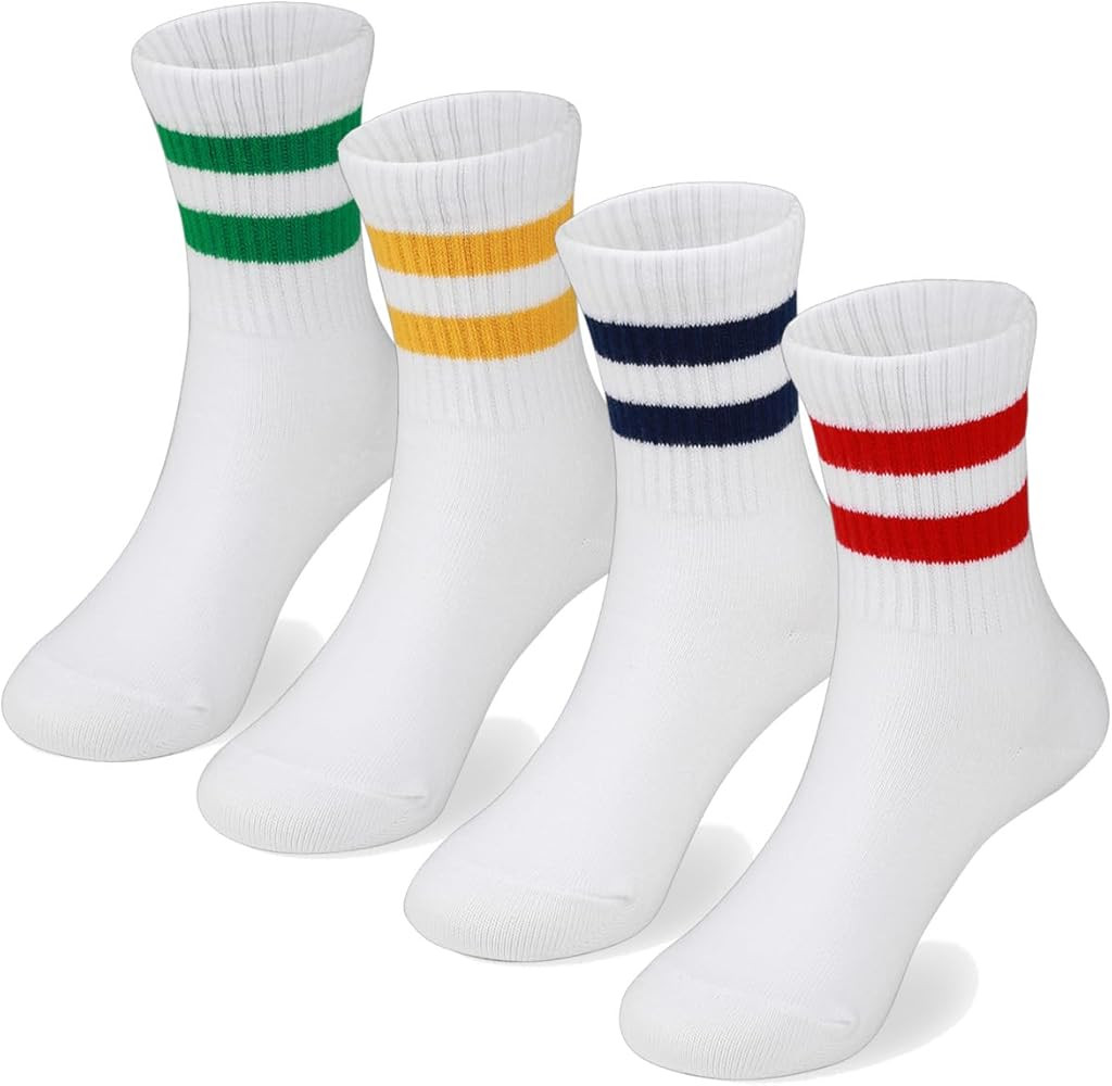 COTTON DAY Kids Girls Pink White Crew Athletic Socks with Retro Stripes Hearts | Amazon (US)