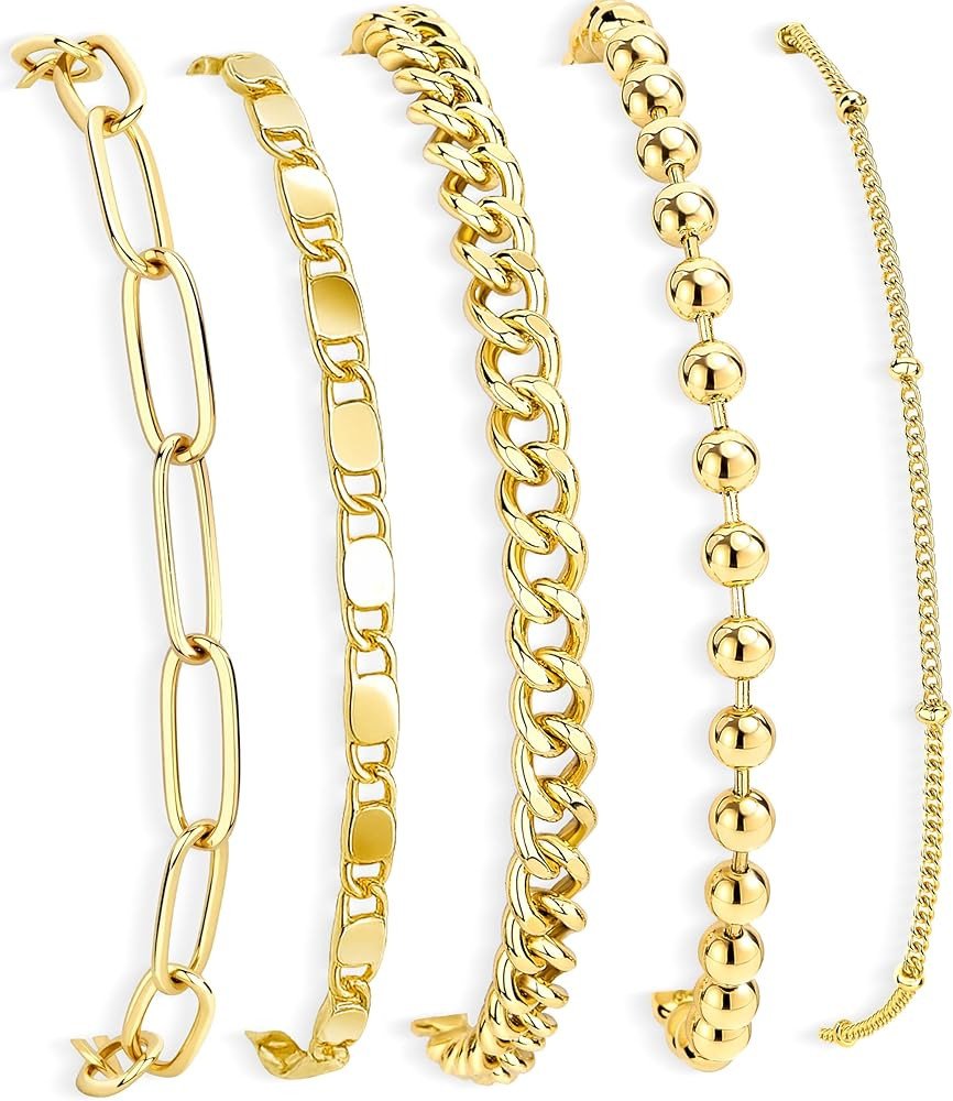Gold Bracelets Set for Women Stack, Dainty Thick Bracelets Stack for Women Trendy, Simple Thin Go... | Amazon (US)