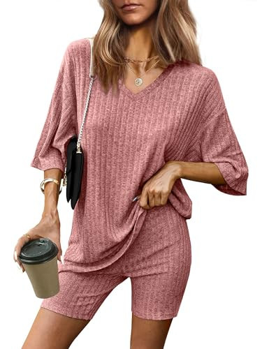 AGSEEM Loungewear for Women 2 Piece Set Jogger Shorts Knitted Short Sleeve Orange XL | Amazon (US)