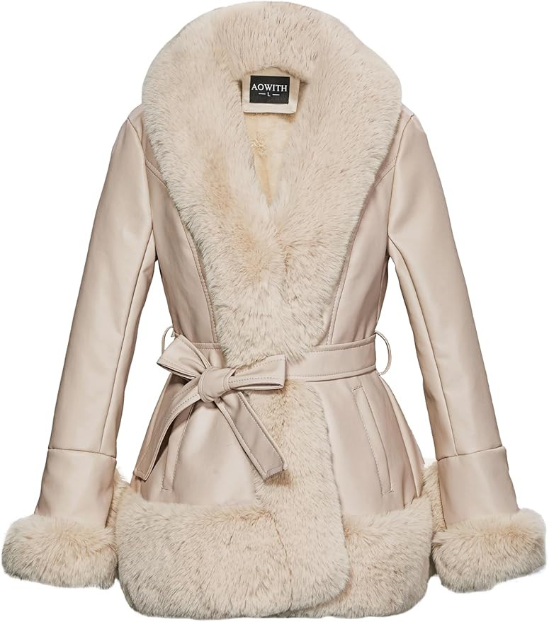 Winter Warm Faux Fur Leather Collar Jacket for Women Long Sleeve Coat With Pockets and Belt | Amazon (US)