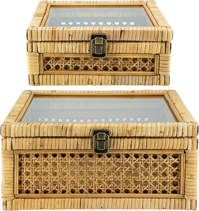 Rattan Square Box with Lid - Set of 2 Wicker Decorative Bins with Glass Cover for Display | Amazon (US)