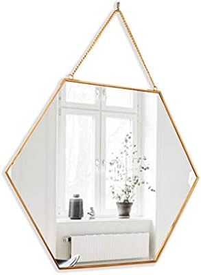BEACH'D 16" Large Hexagon Gold Brass Wall Mirror with Chain | Amazon (US)