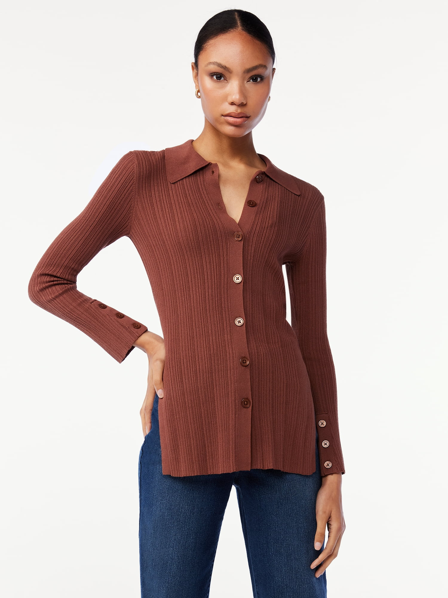 Scoop Women's Knit Button Front Shirt with Collar | Walmart (US)
