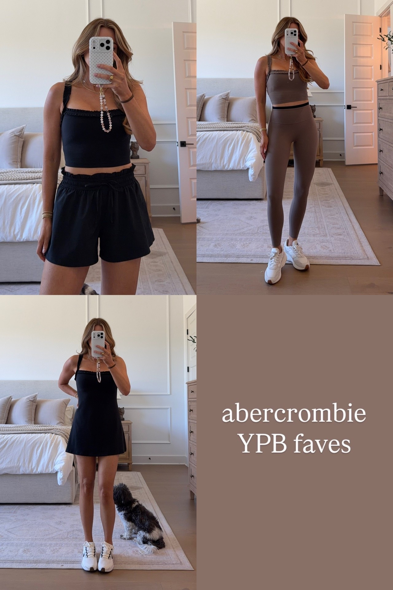 my @abercrombie favorites! wearing an xs in bra tanks, xs short in leggings (i’m 5’3), & a xs petite in the athletic dress #abercrombiepartner