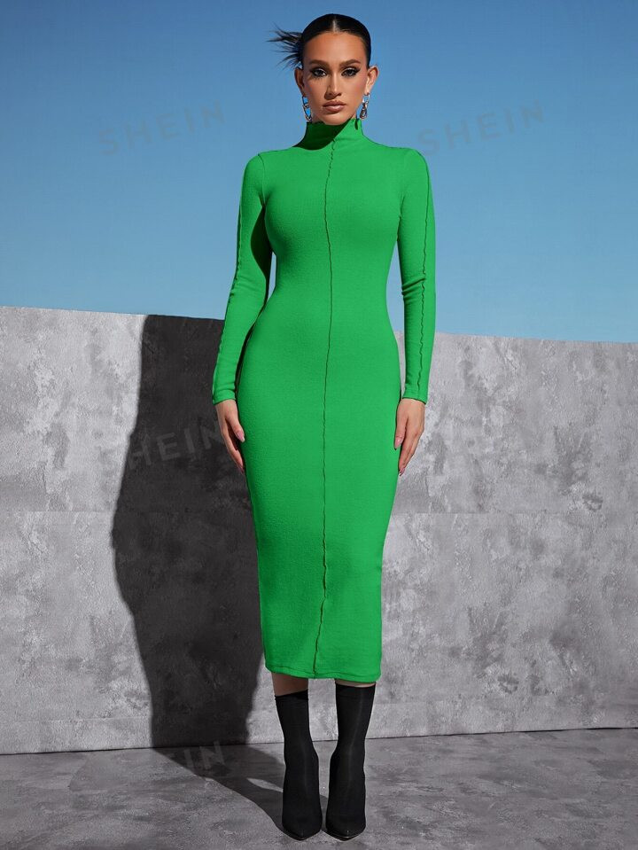 SHEINNeu Mock Neck Lettuce Trim Bodycon Dress | SHEIN