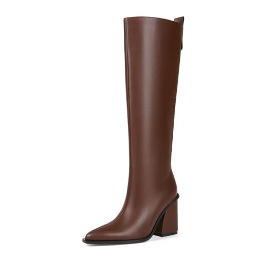 YYBYYB Brown Knee High Boots for Women Pointed Toe Tall Boots Block Chunky Heel Fall Boots with Side Zip for Work Daily 9.5 | Amazon (US)