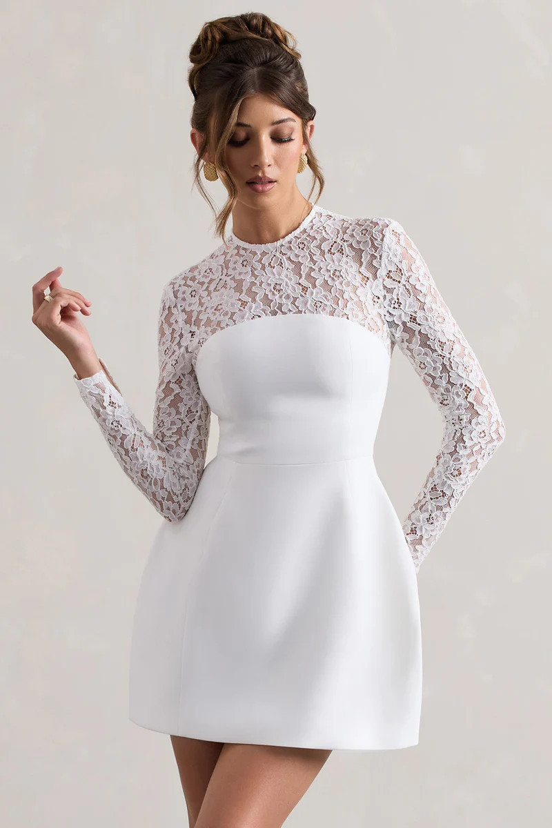 Birdie | White Lace Long-Sleeve Mini Dress | Club L London