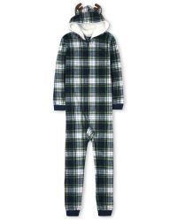 Unisex Adult Matching Family Christmas Long Sleeve Moose Plaid Fleece Hooded One Piece Pajamas | ... | The Children's Place