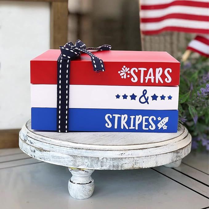 Patriotic Mini Wood Book Stack 4th of July Decorative Farmhouse Tiered Tray Decor for Home Americ... | Amazon (US)