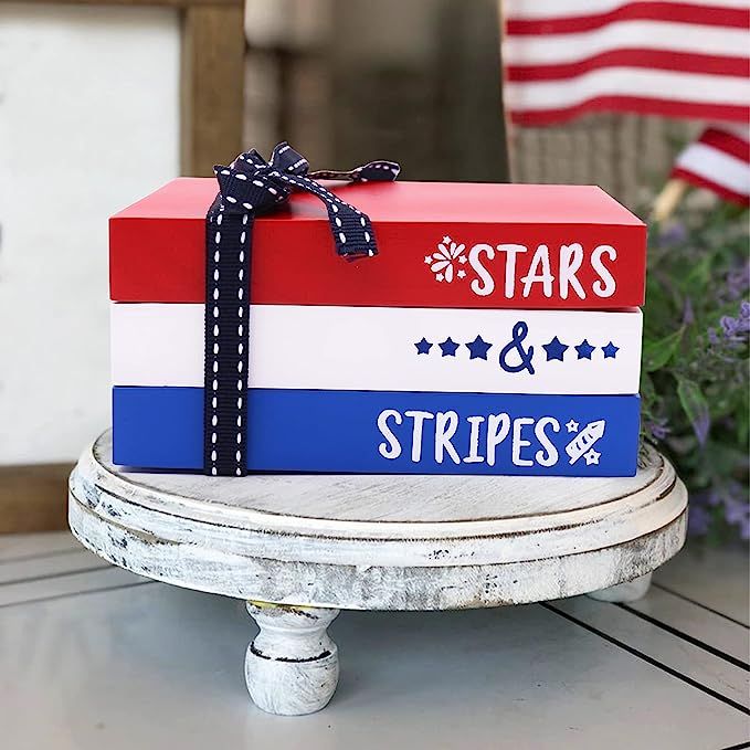 Patriotic Mini Wood Book Stack 4th of July Decorative Farmhouse Tiered Tray Decor for Home Americ... | Amazon (US)