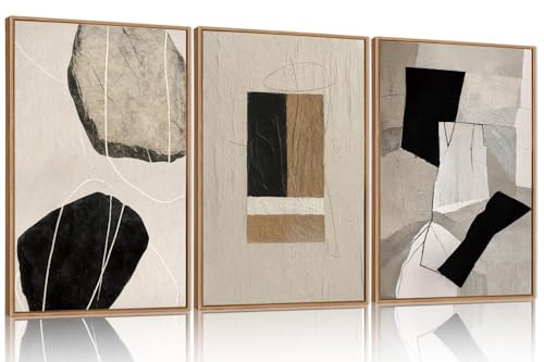 FWIEXA Modern Abstract Wall Art Set of 3, Black White Framed Paintings for Living Room, Neutral Beige Pictures Wall Decor, 16x24 Inch Minimalist Prints for Bedroom, Bathroom, Hallway, Office | Amazon (US)