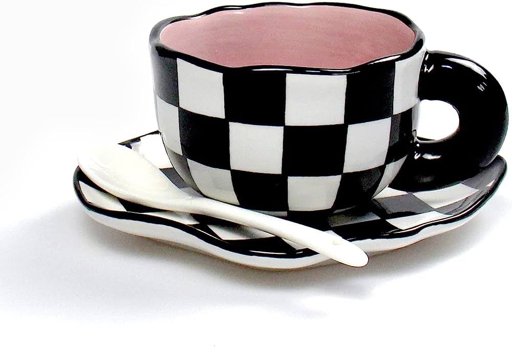 Porcelain Cappuccino Cups with Saucers, Hand Painted Checkerboard Coffee Cup With Saucer, Ceramic... | Amazon (US)