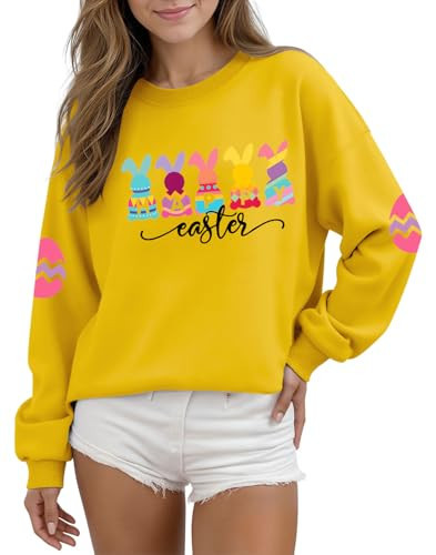 UYIQL Happy Easter Sweatshirts for Women Long Sleeve Easter Bunny Shirt Casual Cute Crewneck Outfits Yellow S | Amazon (US)