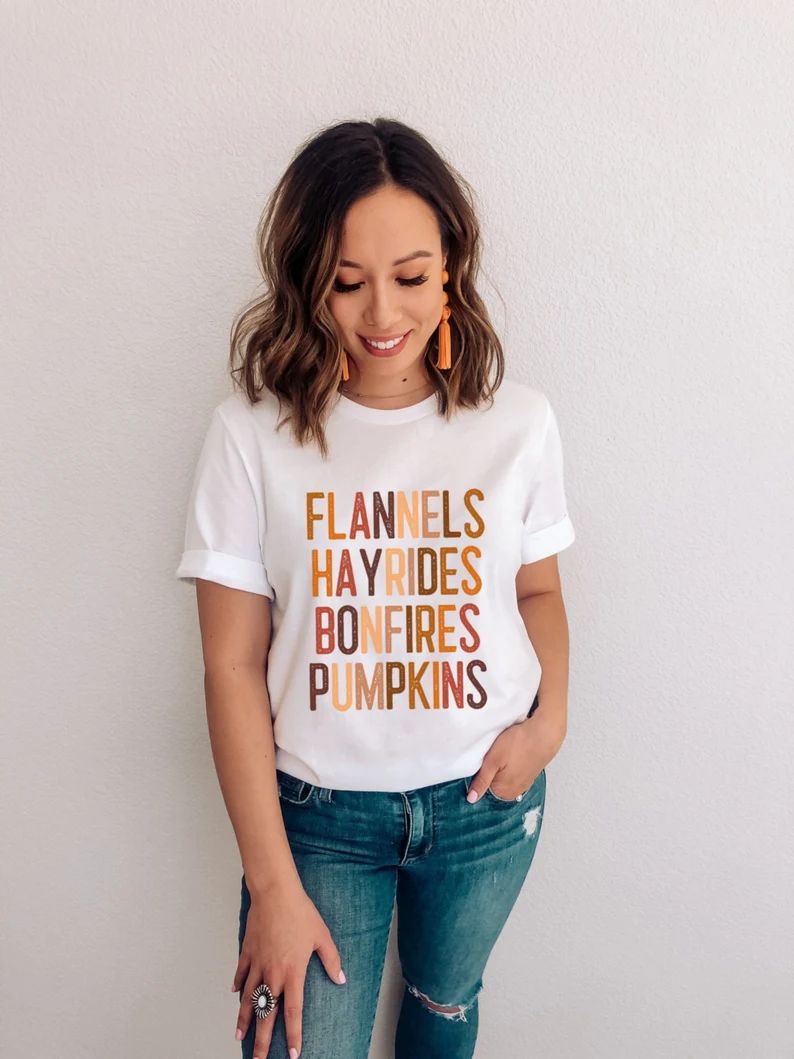 Flannels Hayrides Bonfires Pumpkins Shirt, Rainbow Font Shirt, Fall Shirt, Womens Fall Shirt, Tha... | Etsy (US)