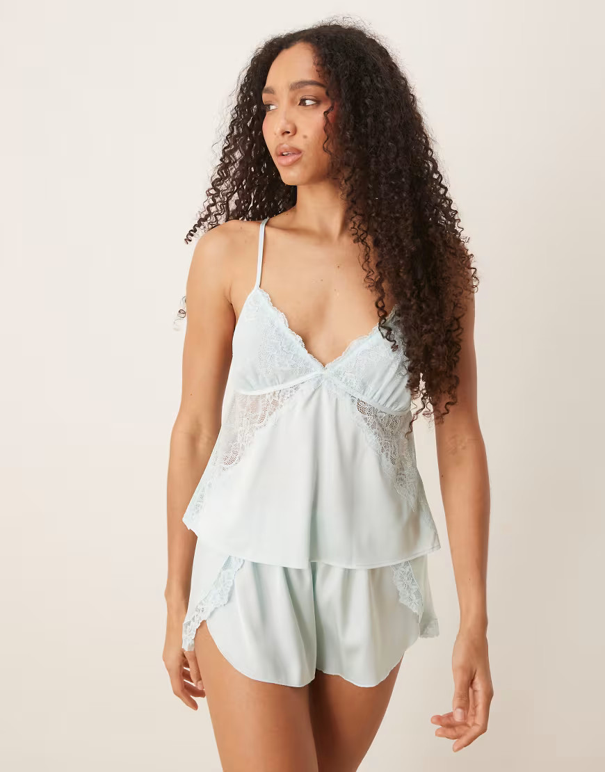 Abercrombie & Fitch nightwear satin lace trim flippy short in blue co-ord | ASOS (Global)