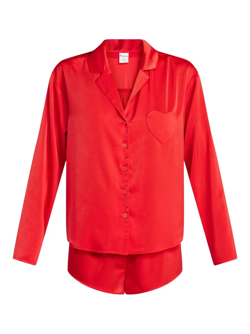 No Boundaries Sleepwear Satin Long Sleeve Button-Up Top and Shorts Set, 2-Piece, Women’s XS-XXL | Walmart (US)