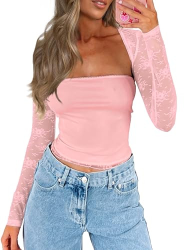 CSDAJIO Women's Going Out Tops Lace Long Sleeve Square Neck Crop Top Shirt Strapless Tube Top and... | Amazon (US)