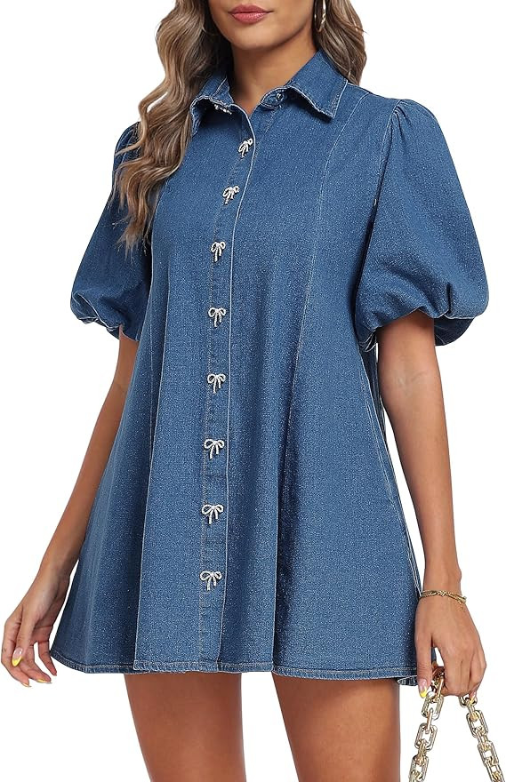 Denim Dress for Women, Puff Short Sleeve Jean Dress Mini Denim Romper with Pockets | Amazon (US)