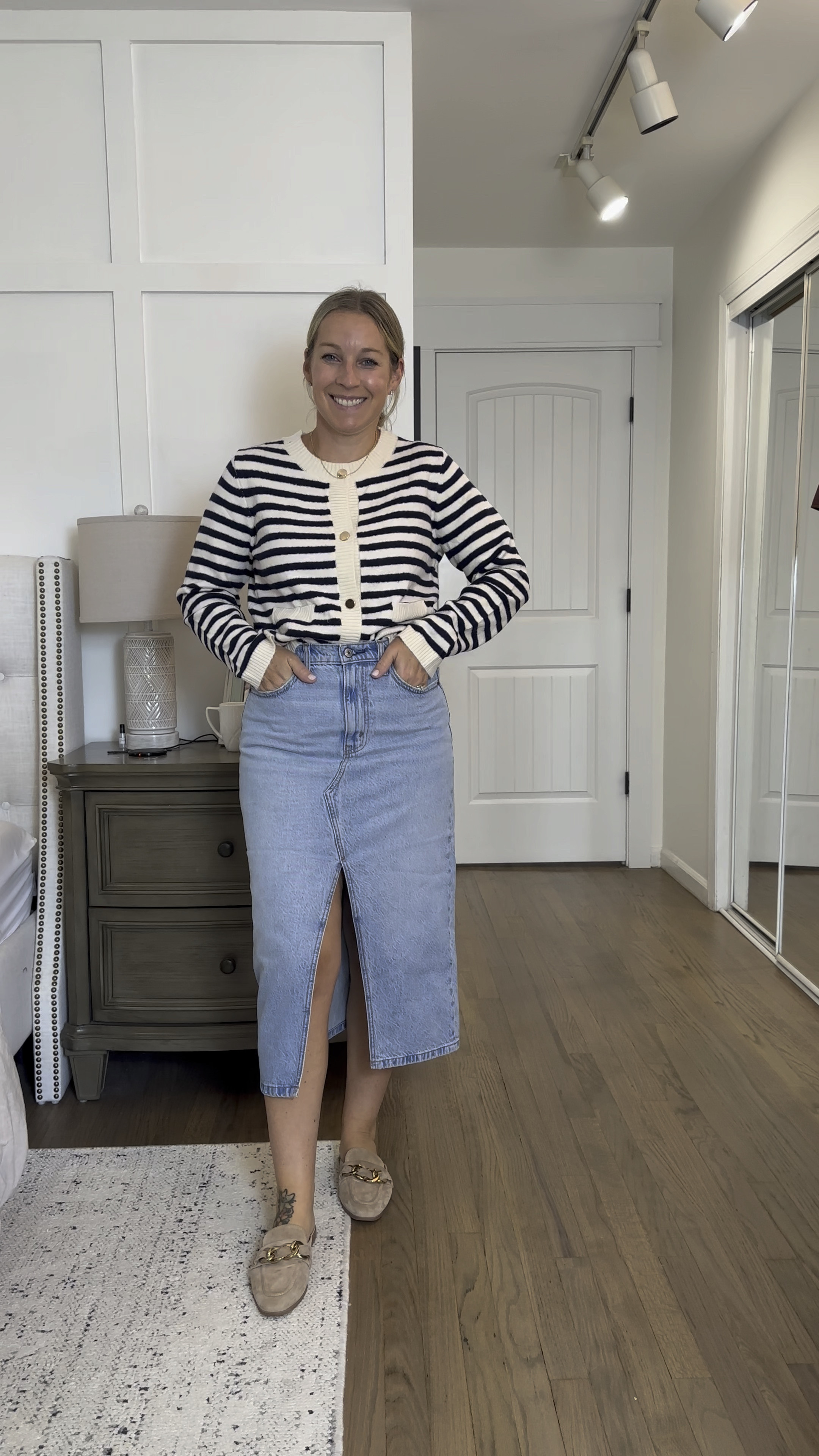 Completely in love with this early fall outfit. The sweater jacket is THE softest and so classic. I’m in a medium here and an 8 in this denim midi! It’s thicker and has no stretch but makes your shape look nice! 

#LTKStyleTip #LTKMidsize #LTKOver40