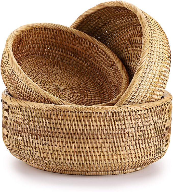 Hipiwe Set of 3 Round Rattan Woven Fruit Basket - Handmade Wicker Food Organizer Tray Snack Servi... | Amazon (US)