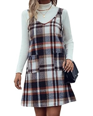 IDEALSANXUN Plaid Overall Dress for Women Fall Winter Sleeveless Plaid Dresses with Pockets | Amazon (US)