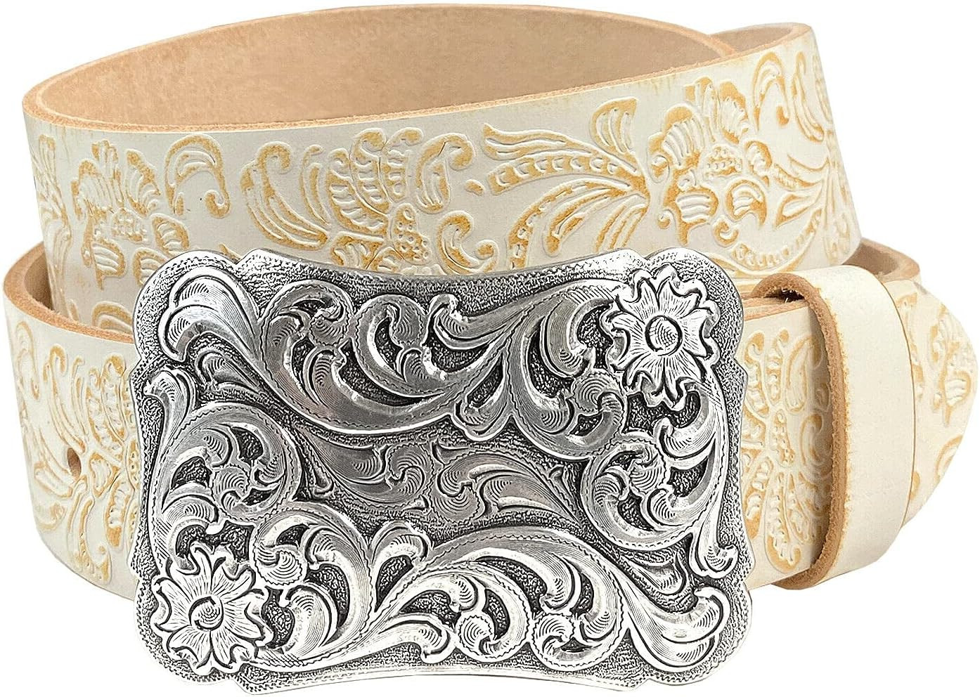 Floral Engraved Buckle Western Fashion Style Full Grain Genuine Leather Belt 1-1/2" (38mm) Wide, Multi-Style Option | Amazon (US)