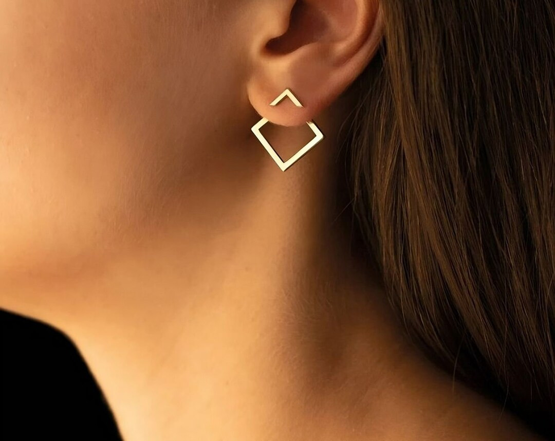 Geometric Gold Ear Jackets, Square Ear Jackets, Ear Jacket Earrings, 18k Gold Ear Jackets, Front ... | Etsy (EU)