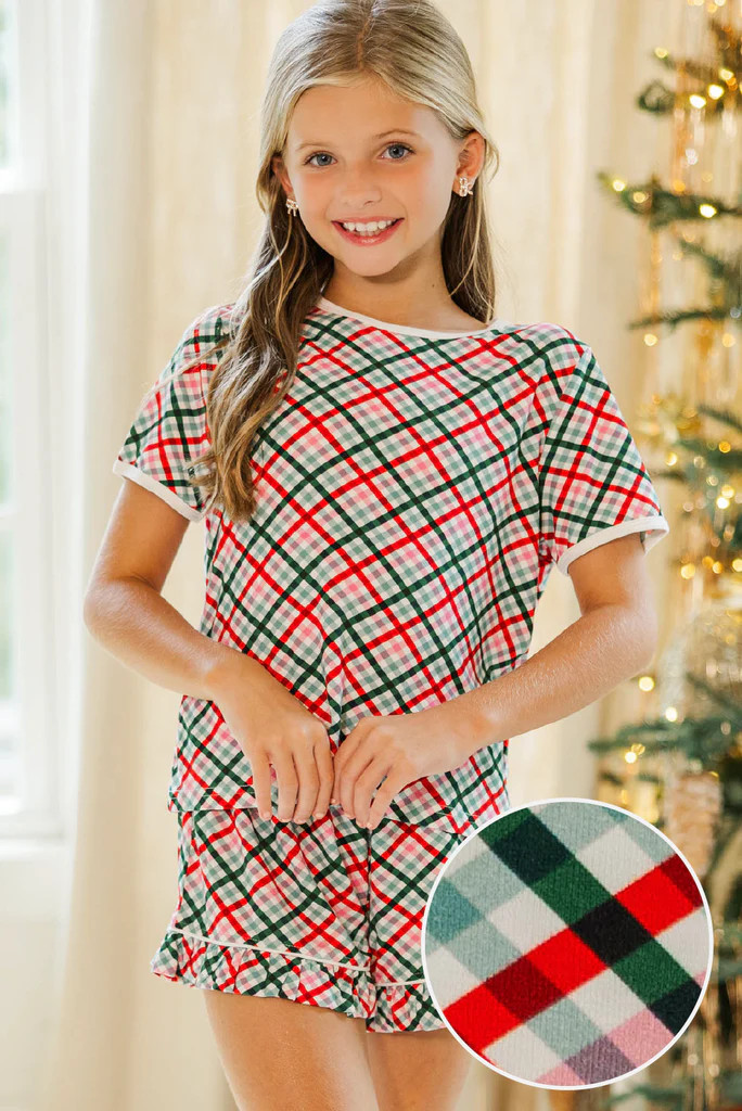 Girls: All Snuggled Up Mint Plaid S/S Bamboo Lounge Set | The Mint Julep Boutique