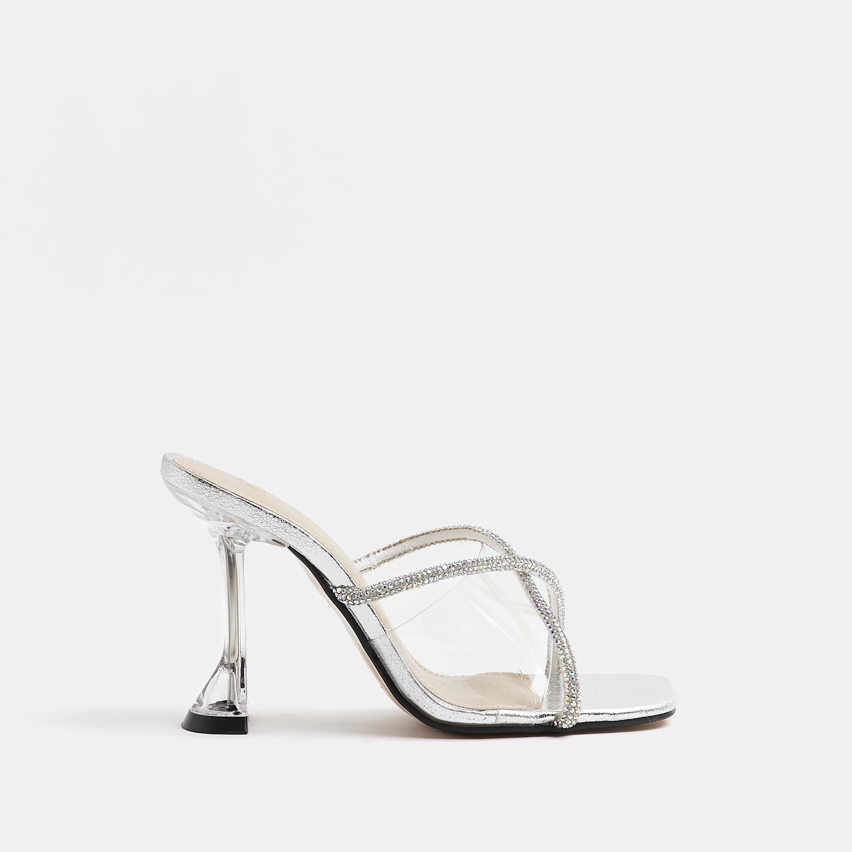 River Island Womens Silver diamante heeled mules | River Island (UK & IE)