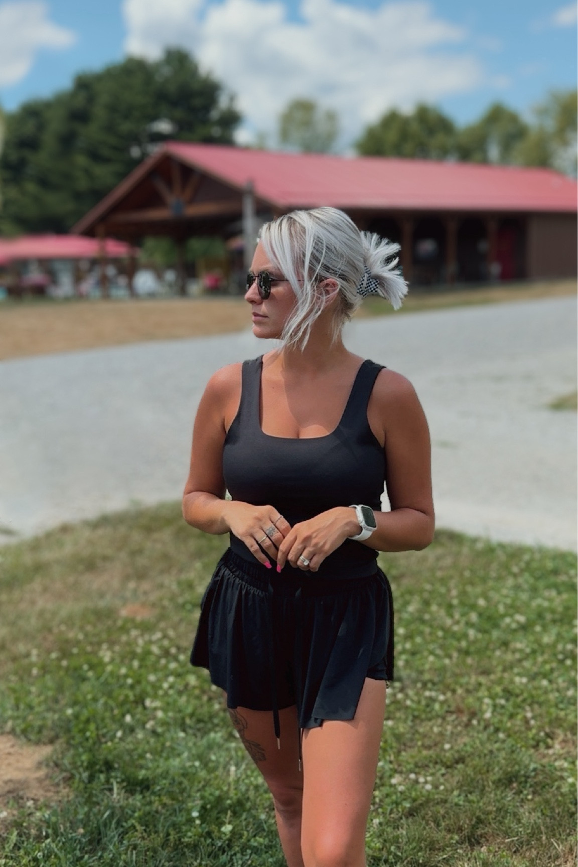 All black outfit 🖤
I am 4’11, 110 lbs. 
I am wearing : 
Top- Small
Bottoms- XS 
Watch band is 40mm 
#LTKootd 
#LTKaccessories 
#LTKcomfystyle 
#LTKfitness 