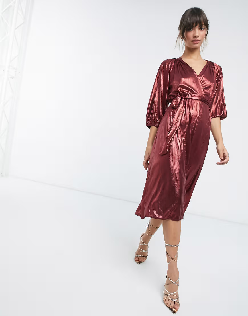 Traffic People metallic wrap dress in wine-Red | ASOS (Global)