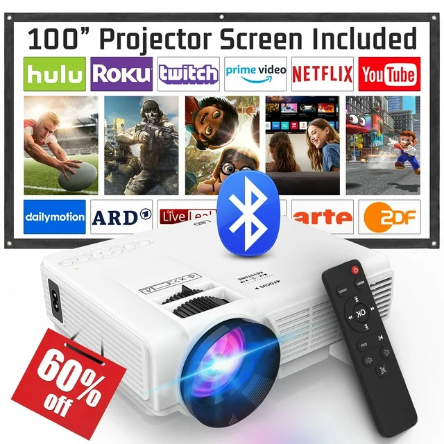 DR.J Professional Mini Projector with Bluetooth 5.1 and 100" Screen, 7500L Full HD HDMI 1080P 170... | Walmart (US)