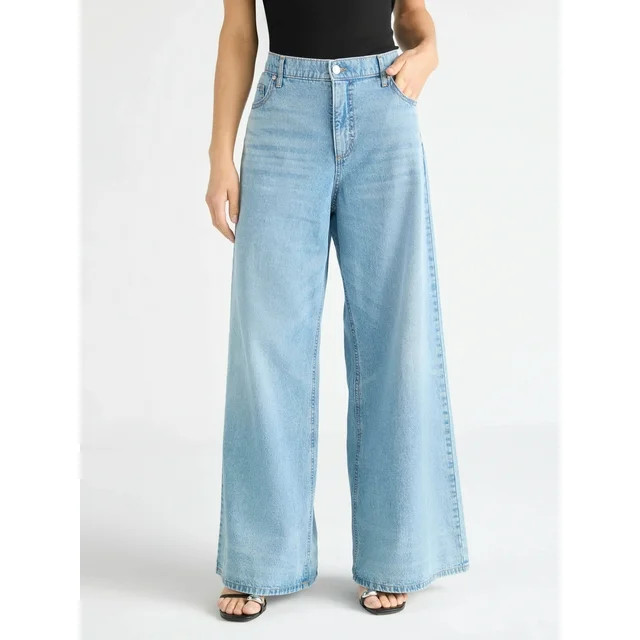 Scoop Women's and Women’s Plus High Rise Baggy Wide Leg Jeans, Sizes 0-28W, Short & Long Length... | Walmart (US)