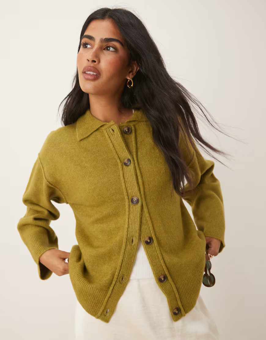ASOS DESIGN knit collar shirt cardigan with seam detailing in olive-Green | ASOS (Global)