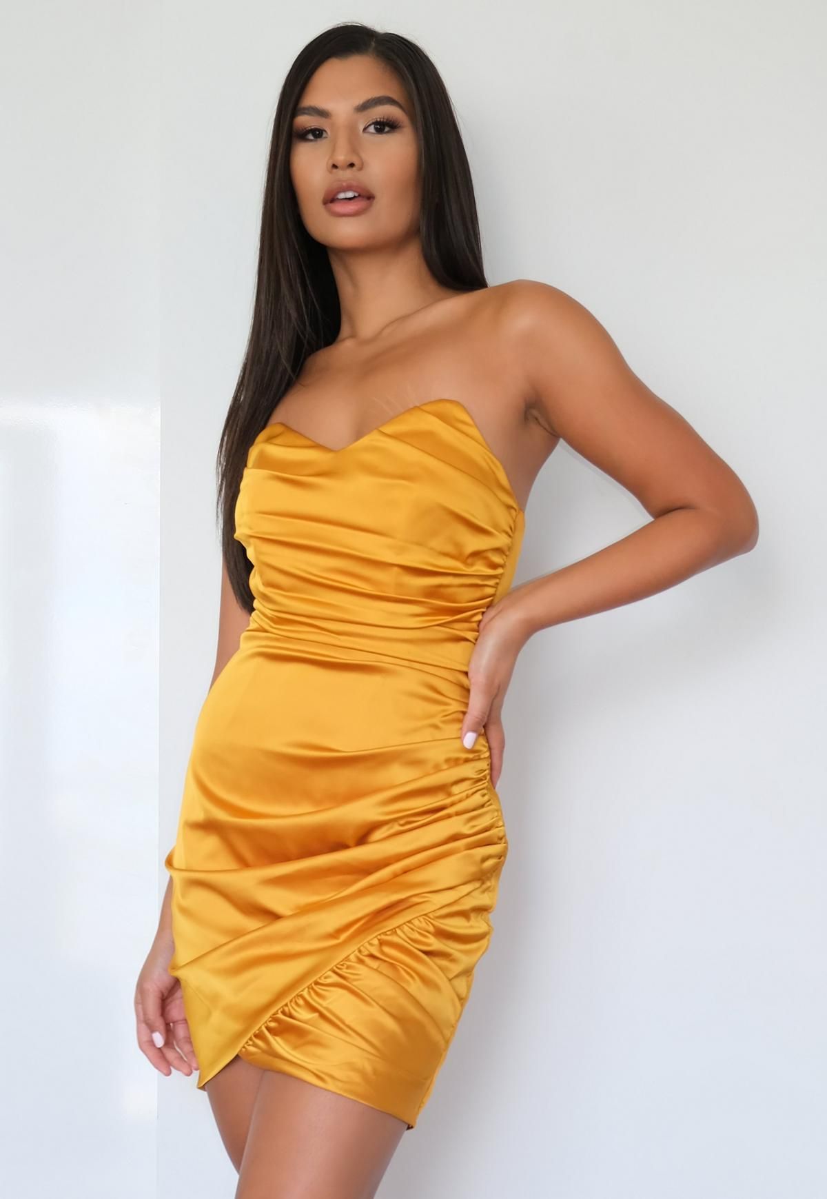 Mustard Satin Bandeau Ruched Mini Dress | Missguided (US & CA)