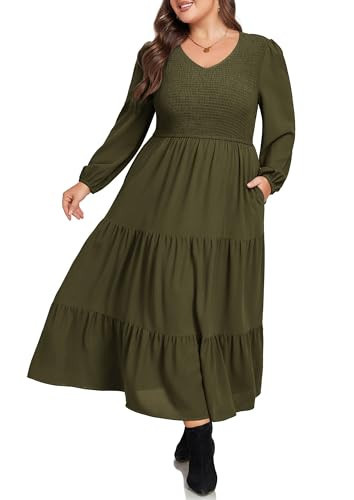 Hanna Nikole Plus Size Fall Casual Dress Long Sleeve with Pockets Smocked Spring Winter Tiered Green Maxi Christmas Dress 2X | Amazon (US)