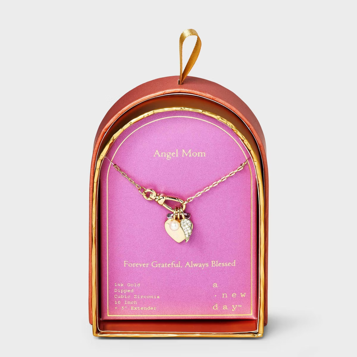 14K Gold Dipped Cubic Zirconia Pearl Heart and Angel Wing Charm Necklace - A New Day™ Gold | Target