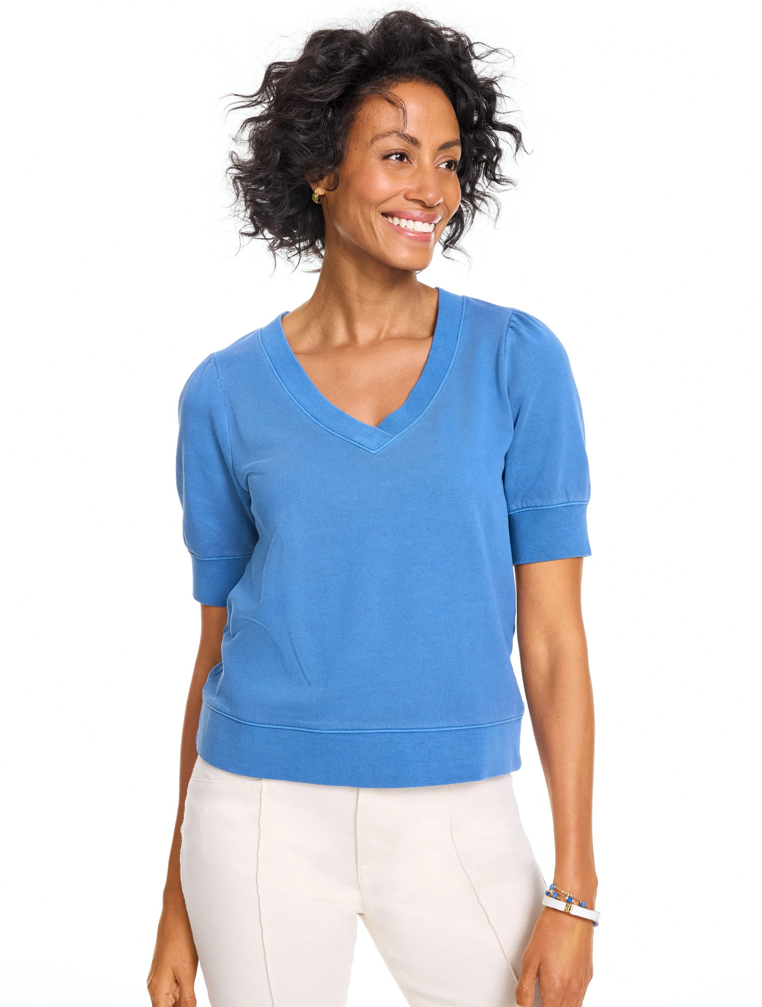 Plus Size - Short Sleeve V-Neck Sweatshirt - Garment Dyed - Monarch Blue - X Talbots | Talbots