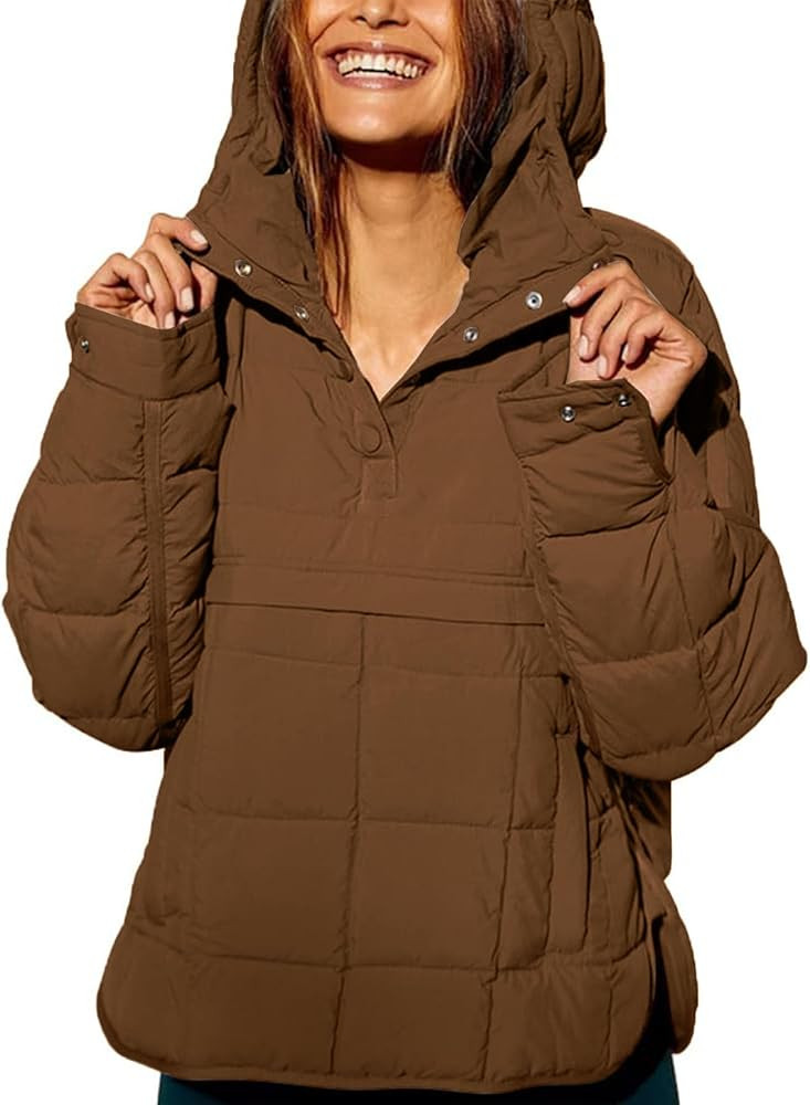 LNKQA Womens's Lightweight Down Coat Long Sleeve Button Quilted Pullover Puffer Jacket Packable Hood | Amazon (US)
