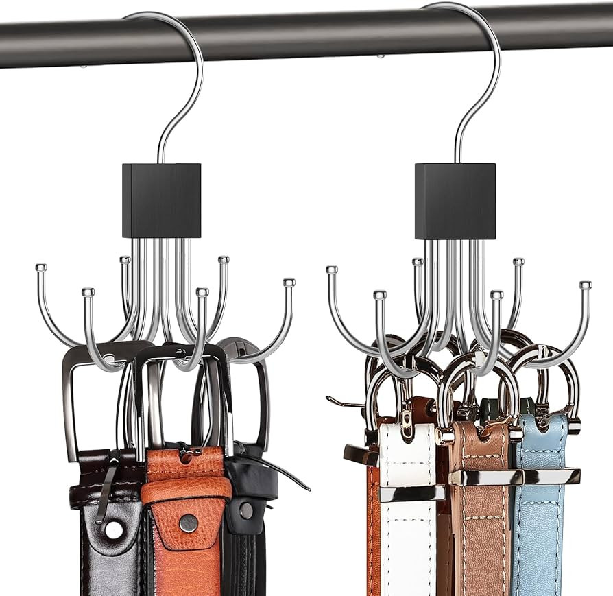 Belt Hanger, 2PCS Belt Organizer for Closet 360\u00b0 Rotatable Max 48 Belt Storage Rack Space Sa... | Amazon (US)