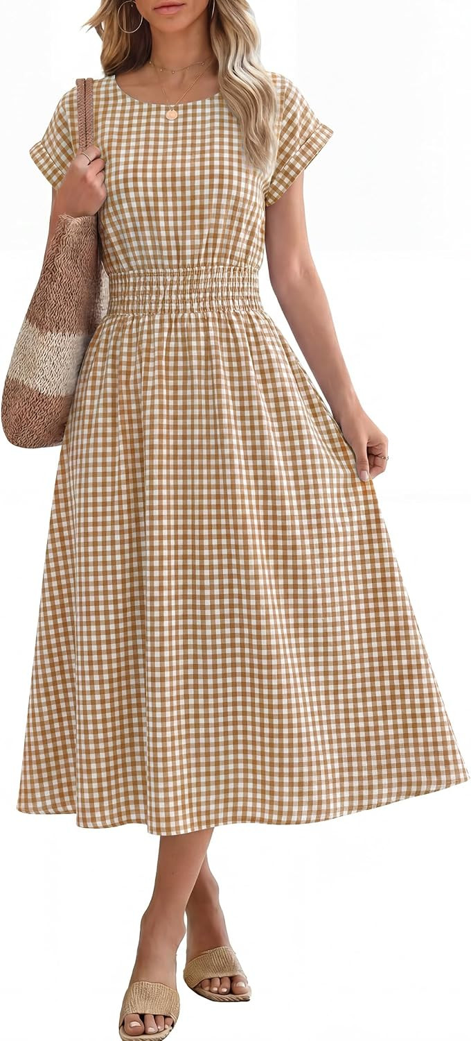 ANRABESS Womens Summer Midi Dress Striped Casual Short Sleeve Crewneck Elastic Waist 2026 Flowy Long Beach Dress with Pockets | Amazon (US)