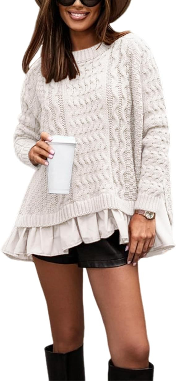 Wefebi Women's Casual Chunky Cable Knit Sweater Dress Ruffle Hem Mini Dresses Long Sleeves Tunic ... | Amazon (US)