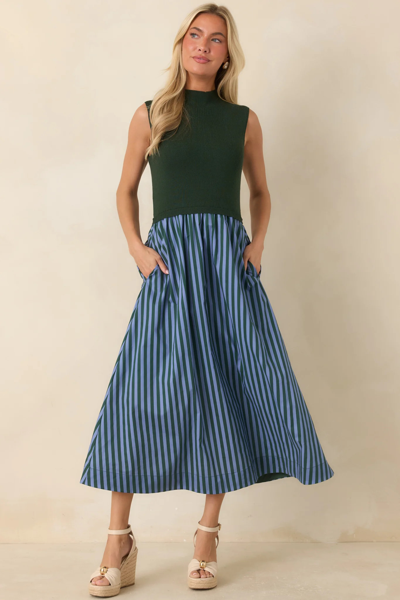 That's More Like It Hunter Green & Light Blue Stripe Sweater Midi Dress | Red Dress